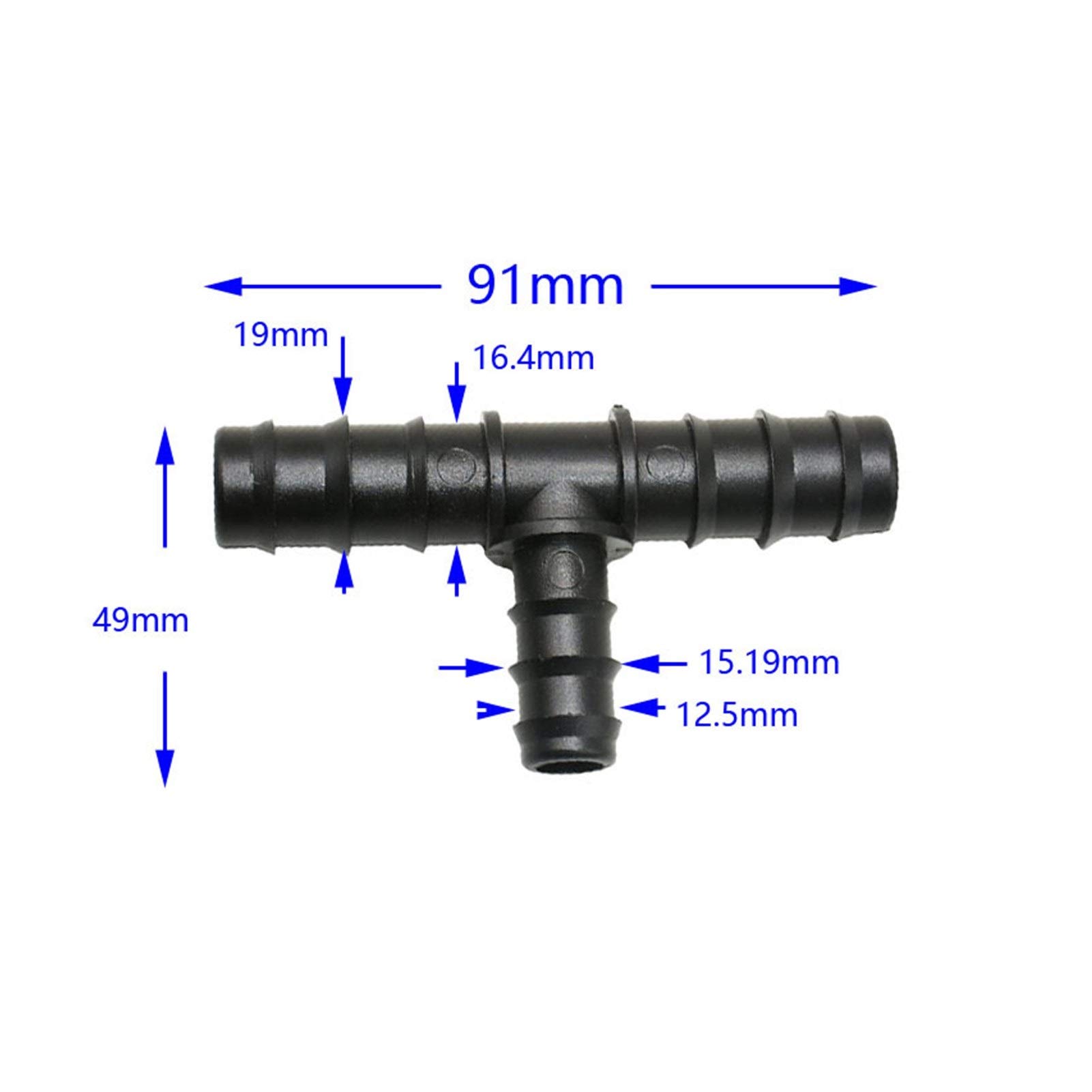 Adaptador de Manguera Doméstica Distribuidor de Manguera de Jardinería de 3/4 "A 1/2" Conector en T Reductor de 3 Vías Conector de Púa en T para Manguera de 20 Mm a 16 Mm 50 Piezas/Negro