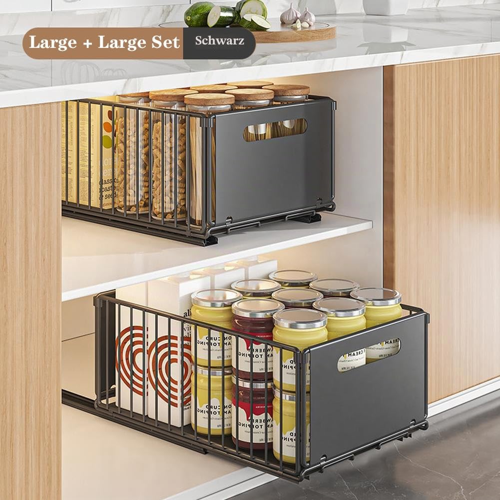 2pcs Erweiterbarer ausziehbarer Schrank-Organizer, selbstklebende ausziehbare Schrankschublade unter dem Spülenschrank für Küchenschränke, Speisekammer, Badezimmeraufbewahrung groß