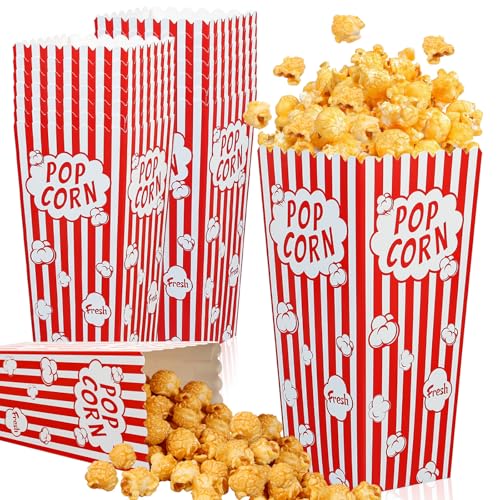 Image of 100 Pack Popcorn Boxes,58 oz Paper Popcorn Containers,Red and White Striped Close-Top Cardboard Pop Corners Bags Individual Servings (100, 58 Oz)