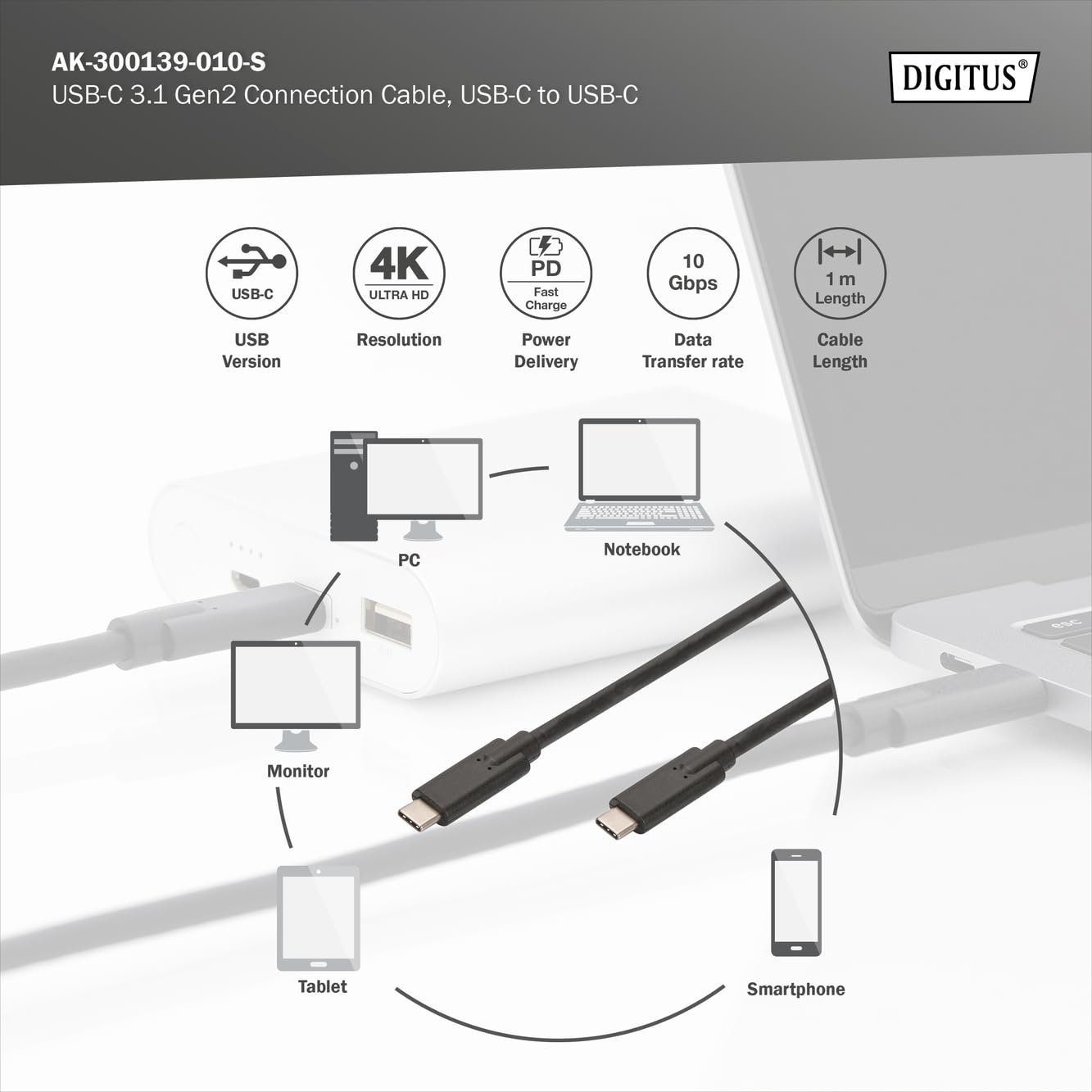 DIGITUS Cable USB-C – 1 m – USB 3.2 Gen2 – 10 Gbit/s – Tipo C a Tipo C | Power Delivery de 100 W – para smartphones, portátiles y tabletas – Negro