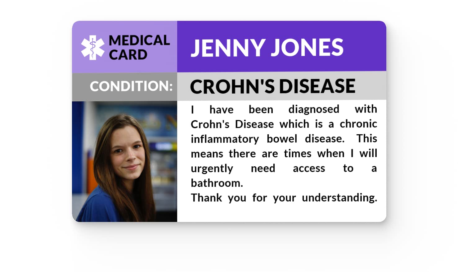 The Card Project UK Crohn's Disease Photo Medical ID Alert Card, Female Health Awareness Badge