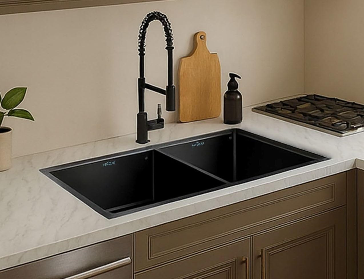 ARQUIN ARQUIN Kitchen Sink 45x20x10 Inch Double Bowl 304 Stainless Steel Kitchen Sink Black Including Coupling, Waste Pipe & Vegetable Washing Basket Sink for Kitchen Basin