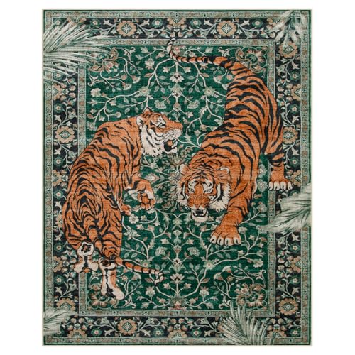 Moynesa Tiger Washable Rugs, 8x10 Area Rugs for Living Room, Soft Large Vintage 8x10 Bedroom Green Rug, Botanical Non Slip Ultra Thin Floor Carpet for Dining Room Home Office