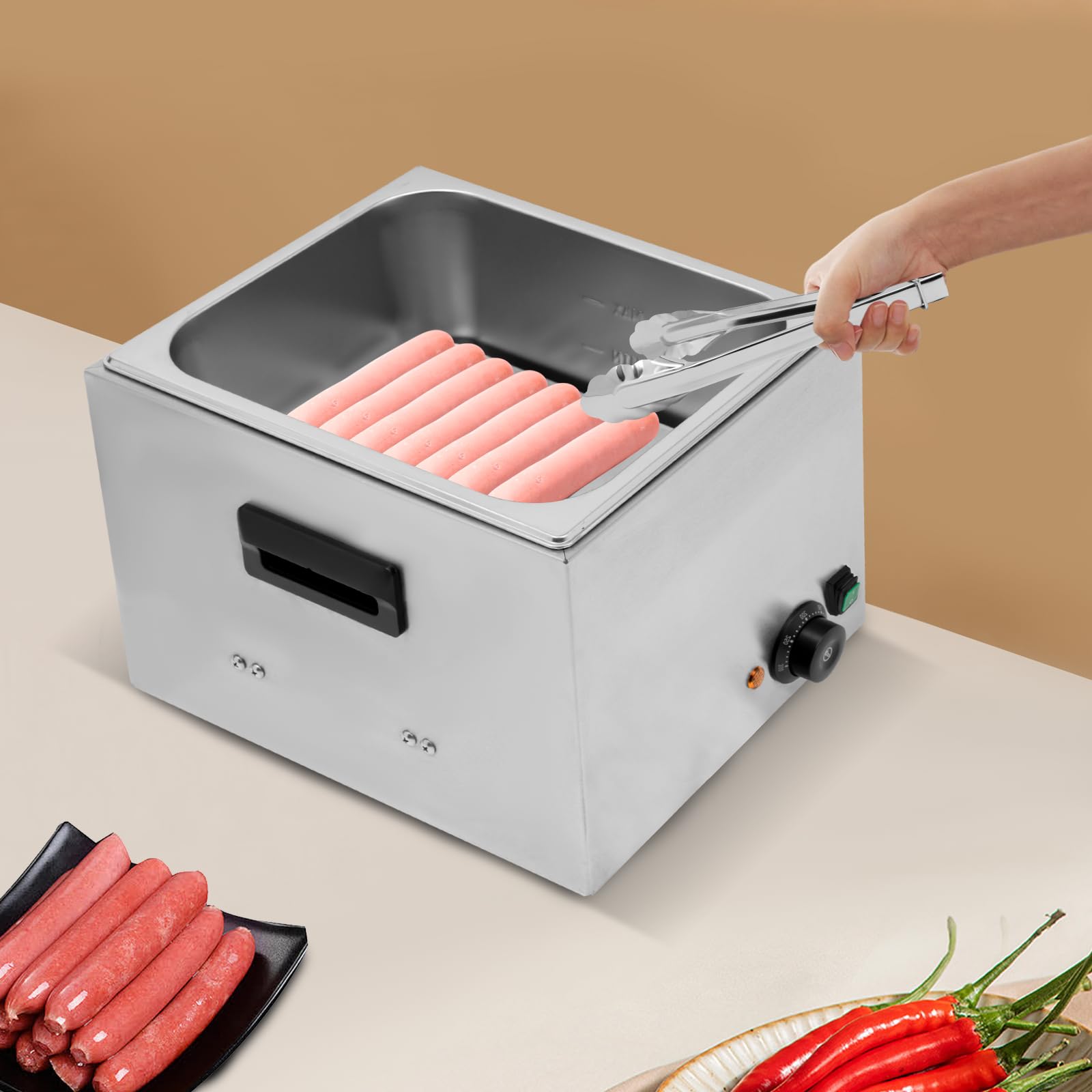 Calentador eléctrico de salchichas de acero inoxidable, calentador de salchichas comercial, 1300 W, 220 V/50 Hz, rango de temperatura 50-300 ℃, aproximadamente 10 min, capacidad 10 l