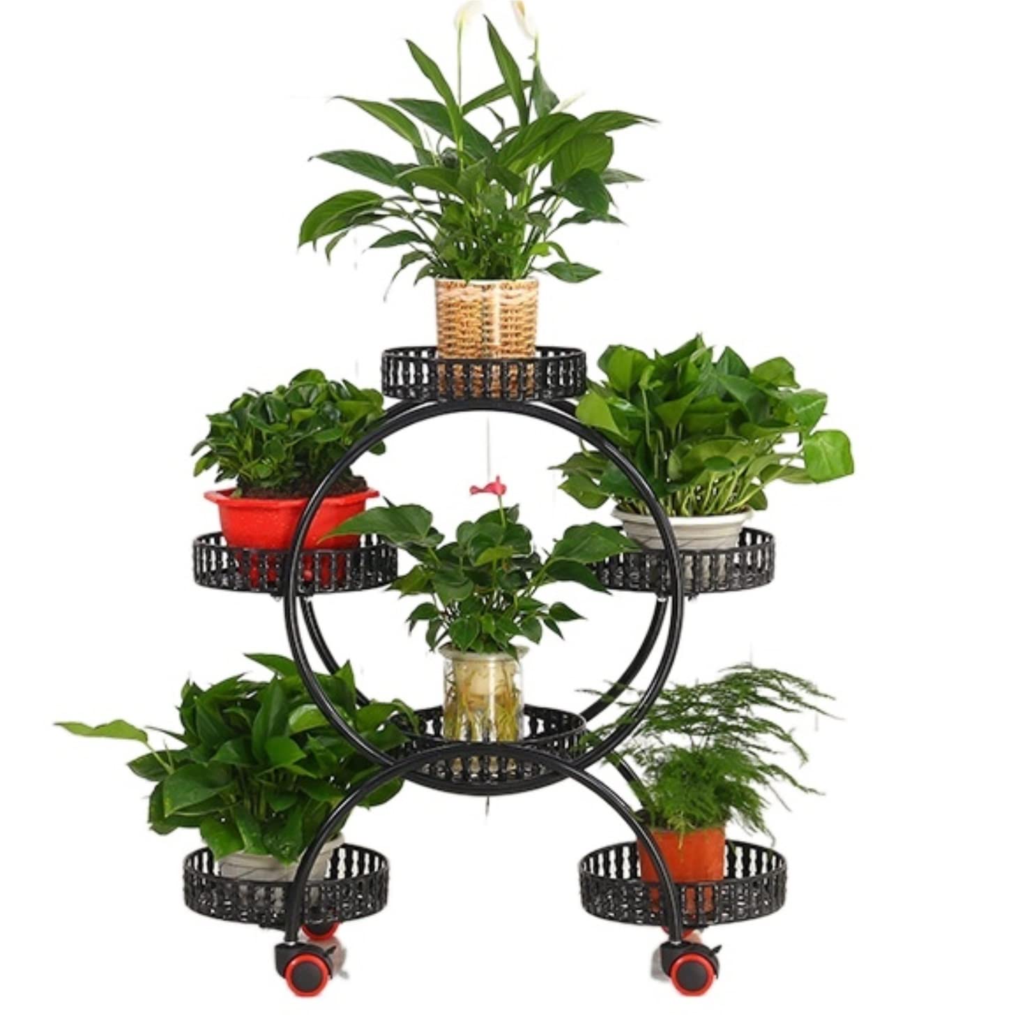 DFGHNBVC Plant Stand Plant Shelves Flower Holder Creative Metal Plant Holder 6 Trays For Flower Pots With Wheel Decorative For Home Patio Garden Flower Stand Plant Shelf Plant Rack,Nero-75 * 70.5Cm