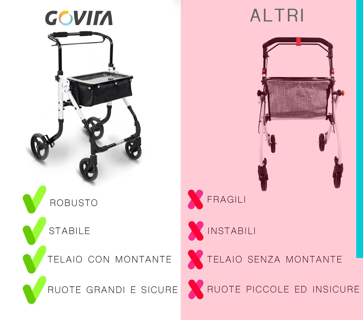 GOVITA - deambulatore per anziani 4 ruote,Girello in alluminio leggero con seduta,Rollator pieghevole, Altezza sedile regolabile,Per esterno e interno