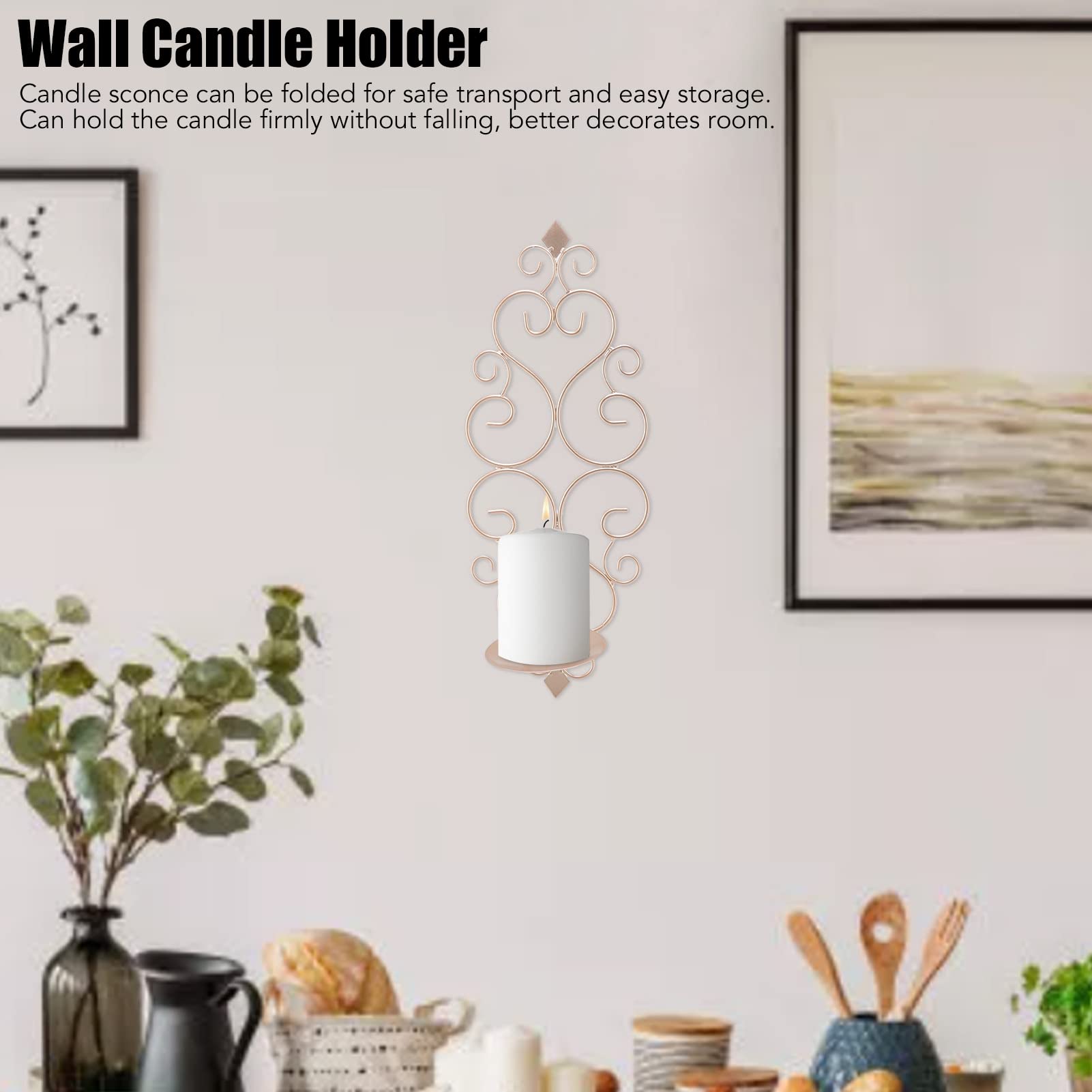 Candle Sconces Wall Decor, Hanging Wall Mounted Candle Sconces Holder Decorative Iron Candlestick Wall Holders for Pillar Candles(Champagne Gold)