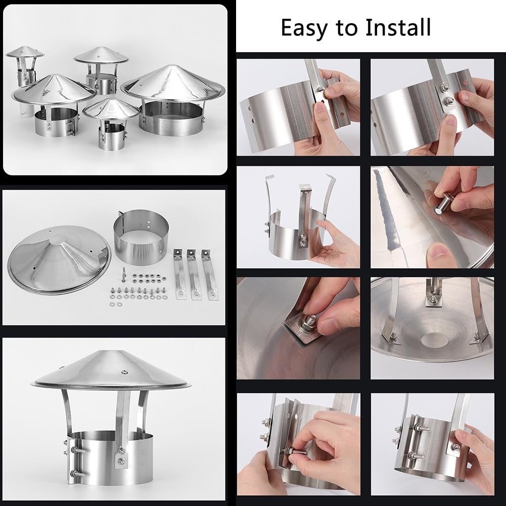 Tapa de Chimenea de Acero Inoxidable 304, Sombrero de Chimenea Antilluvia, de Fijación con Tornillos, Rresistente a la Intemperie, para Conductos de Escape y Tubos de Estufa(230 mm(9 in))