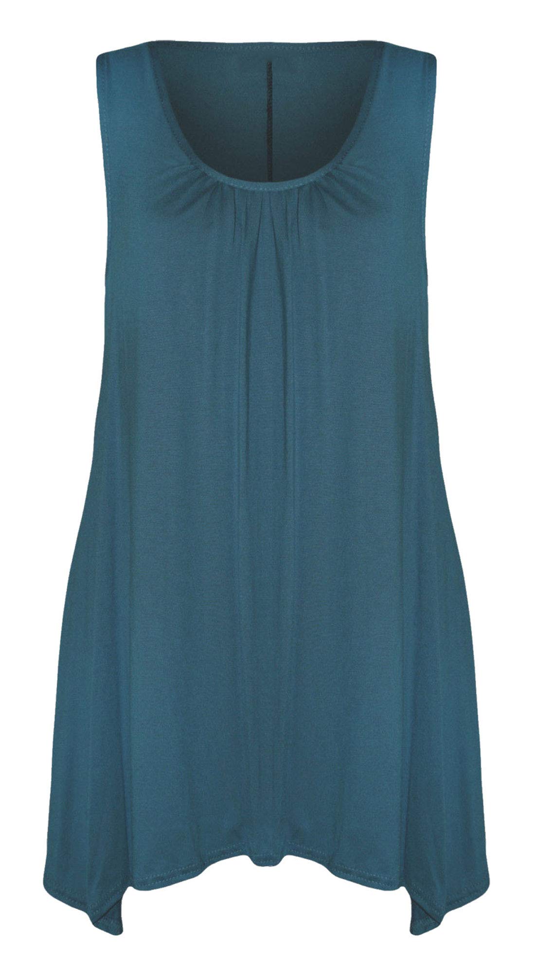 REAL LIFE FASHION LTD Ladies Sleeveless Hanky Hem Top Women Plain Gathered Top Scoop Neck Tunic Shirt Flared Vest Top Teal