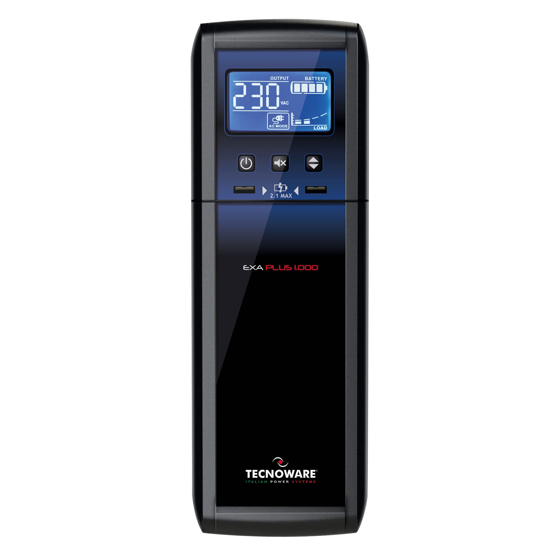 Tecnoware Power Systems UPS Exa Plus 1000 VA, con AVR, Display LCD e 2 Porte USB, Uscita Sinusoidale, 8 Prese (4 Protette da Blackout e 4 Filtrate), Nero