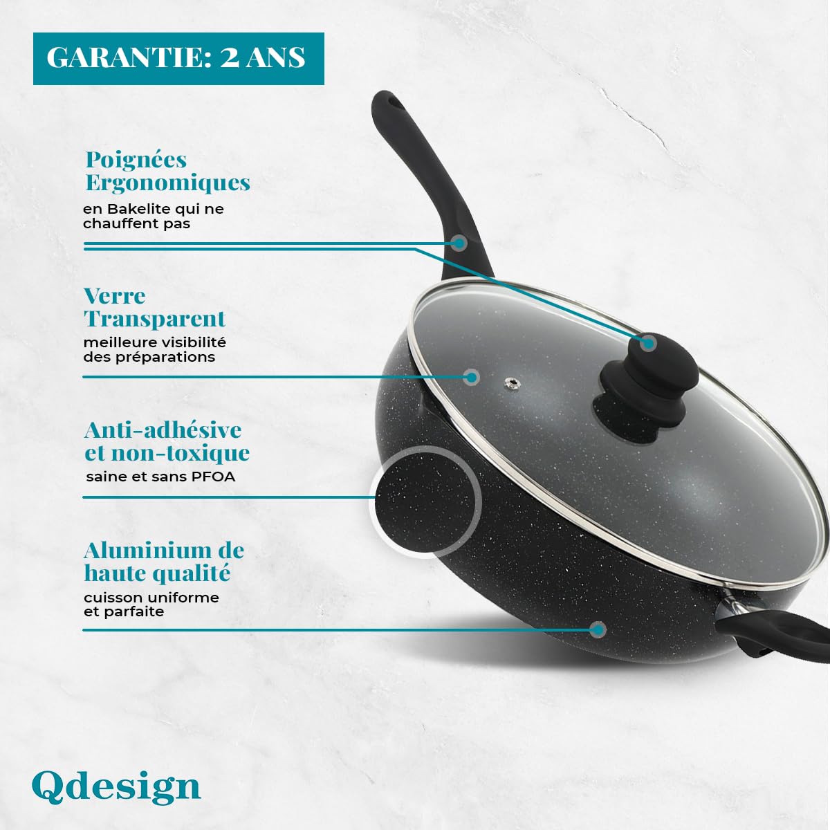 QDESIGN BLACKMARBLE+ Batterie de cuisine 6 pcs - 2 poêles + 2 casseroles en fonte d'aluminium anti-adhésif anti-rayures sans PFOA + 2 couvercles verre trempé - tous feux dont induction - Marbre noir