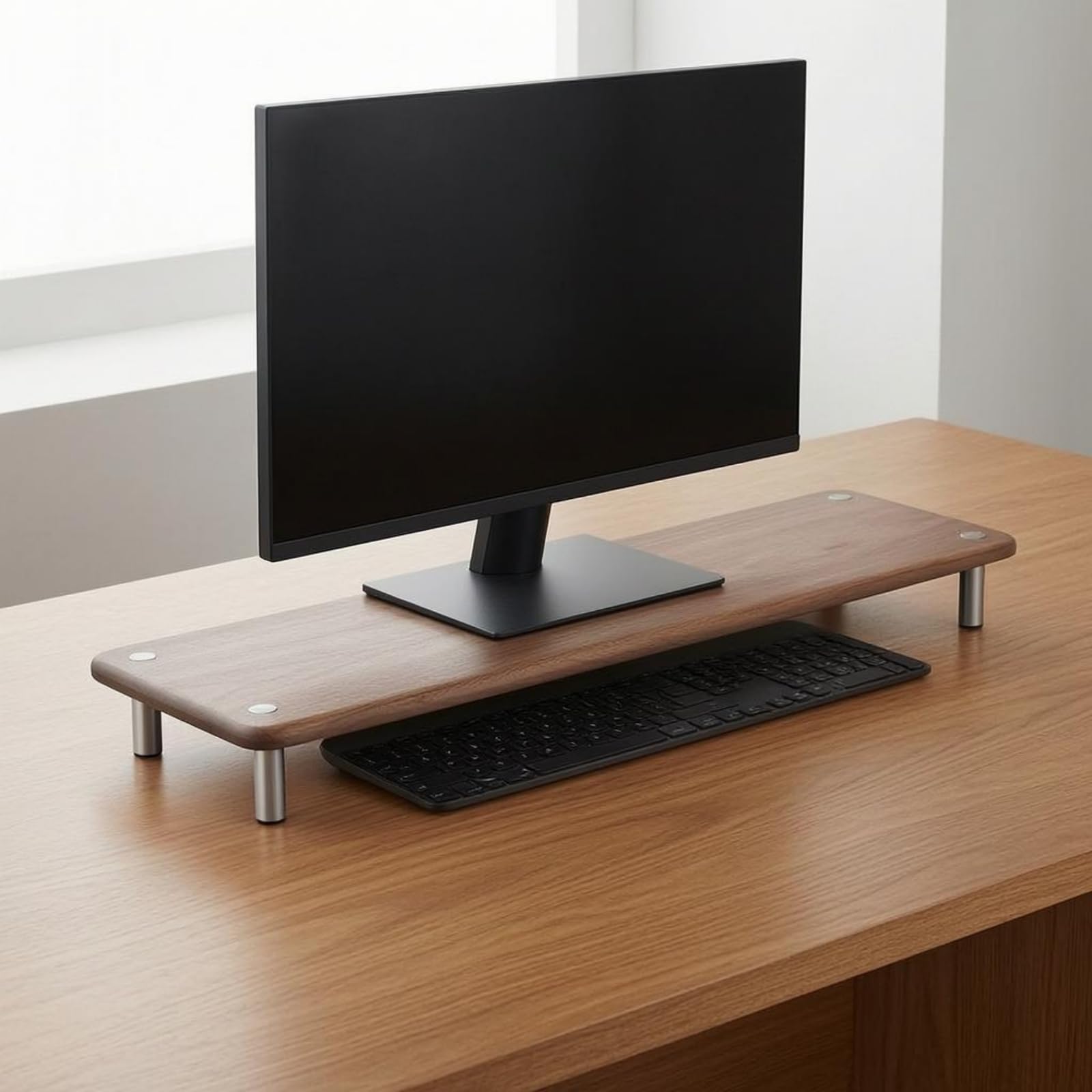 Riser Pantalla Madera Metal Resistente Al Óxido Soporte Elevador Pantalla Antideslizante Bandeja Elevadora Rectangular, Nogal, 70cm