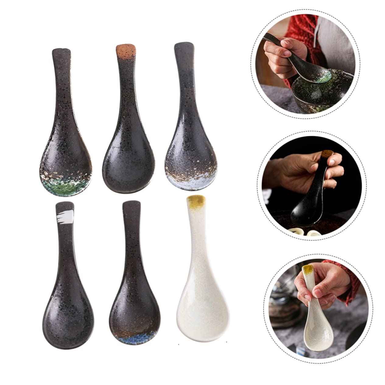 LIFKOME 6 Stück Teiliges Japanische Keramik Suppelöffel aus Porzellan Design Vielseitig für Suppe und Reisbrei Glatte Oberfläche Sicheres Küchenwerkzeug für Zuhause Zufällige Farbe