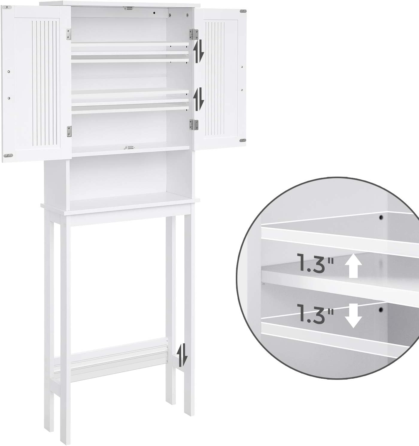 VASAGLE Bathroom Space Saver Cabinet, Over-The-Toilet Storage Unit, 4-Tier Adjustable Shelf Organizer, Adjustable Bottom Bar, White UBBC10WT