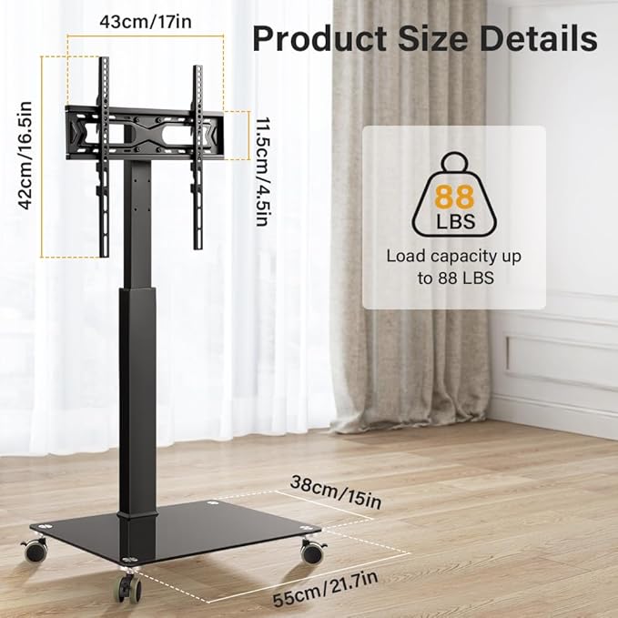 Soporte de piso rodante para TV de 27 a 60 pulgadas, con base de vidrio templado miniatura 4