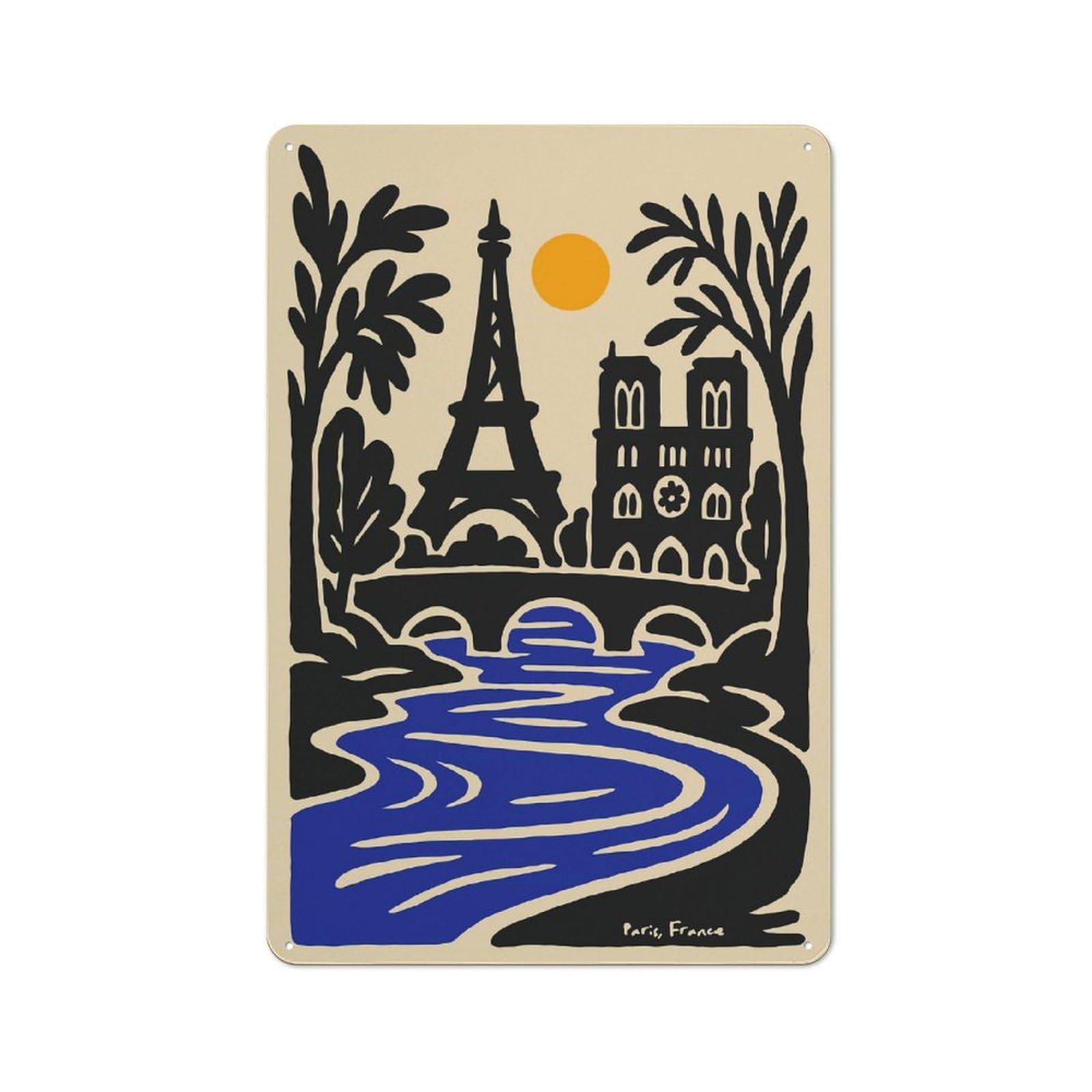 Junmoney Style-3 Farmhouse Paris, France Illustration With Eiffel Tower Country Metal Sign 30X20cm, Cottage Wall Art For Farmhouse Kitchen, Pantry Or Dining Area