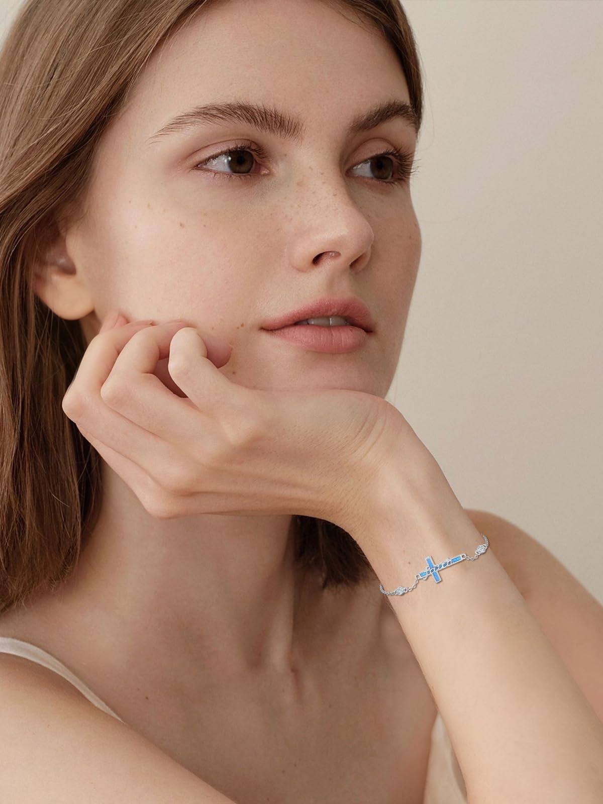 Bracciale con opale blu e croce da donna, in argento sterling 925, gioiello religioso, idea regalo