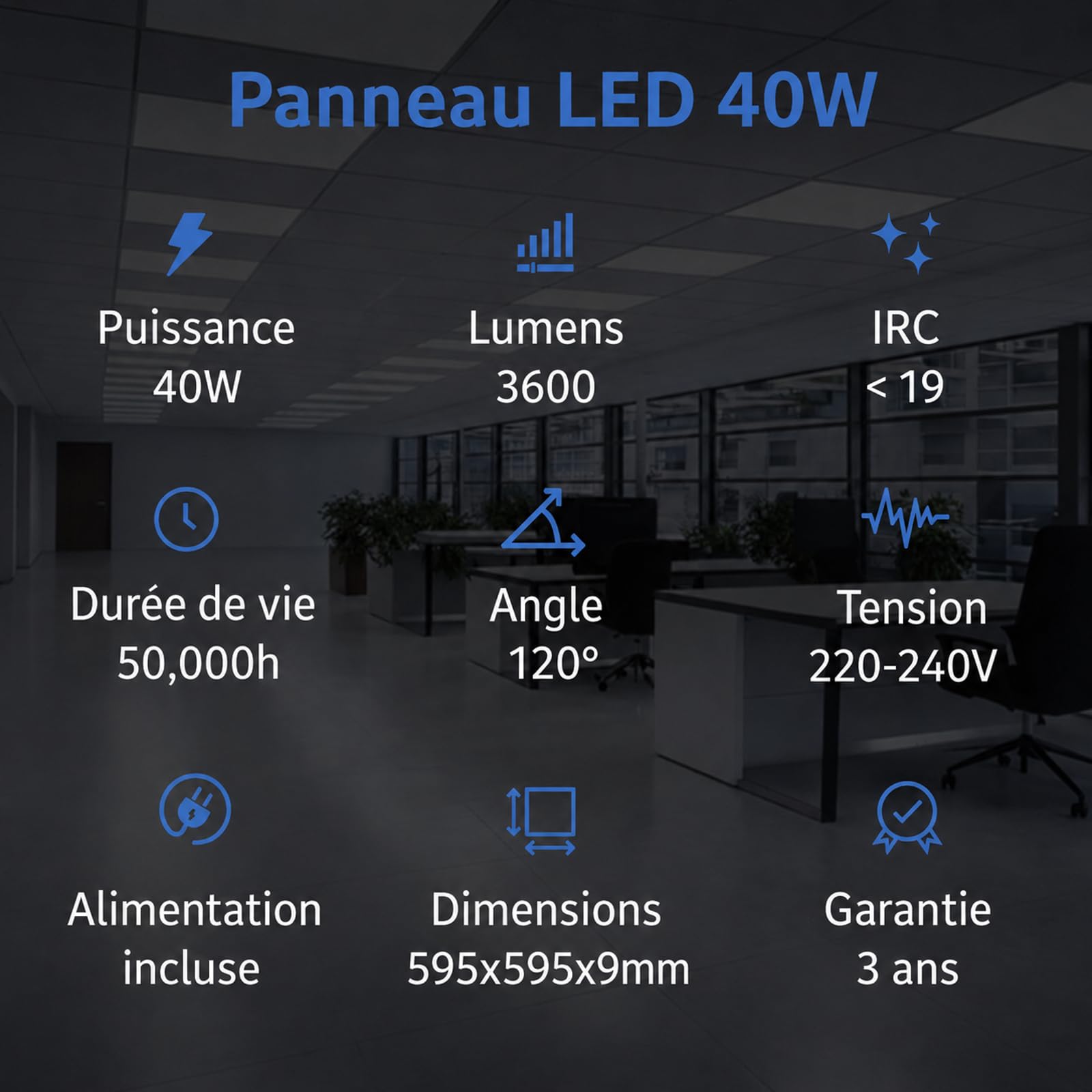 Europalamp 2 Dalles LED 60x60cm 40W Blanc neutre 4000K 4000Lm Haute Luminosité Faux Plafonds