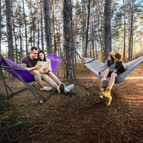 Image of Tranquillo Combo x2 Hammocks with Stand for Outside & Tree Straps, Heavy Duty Hammock with Stand 600lbs for Indoor Outdoor Patio Backyard, x2 Hammocks for 2 Person (Combo - Purple, Medium)