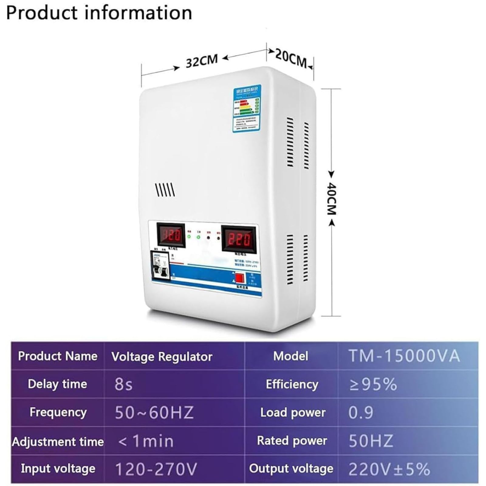 Stabilizzatore di Tensione da 6800 W/15000 W/20000 W con Tensione di Ingresso e Uscita, Strumento di Alimentazione stabilizzato Automatico per Uso Domestico, 6 Protezioni Principali 6800W