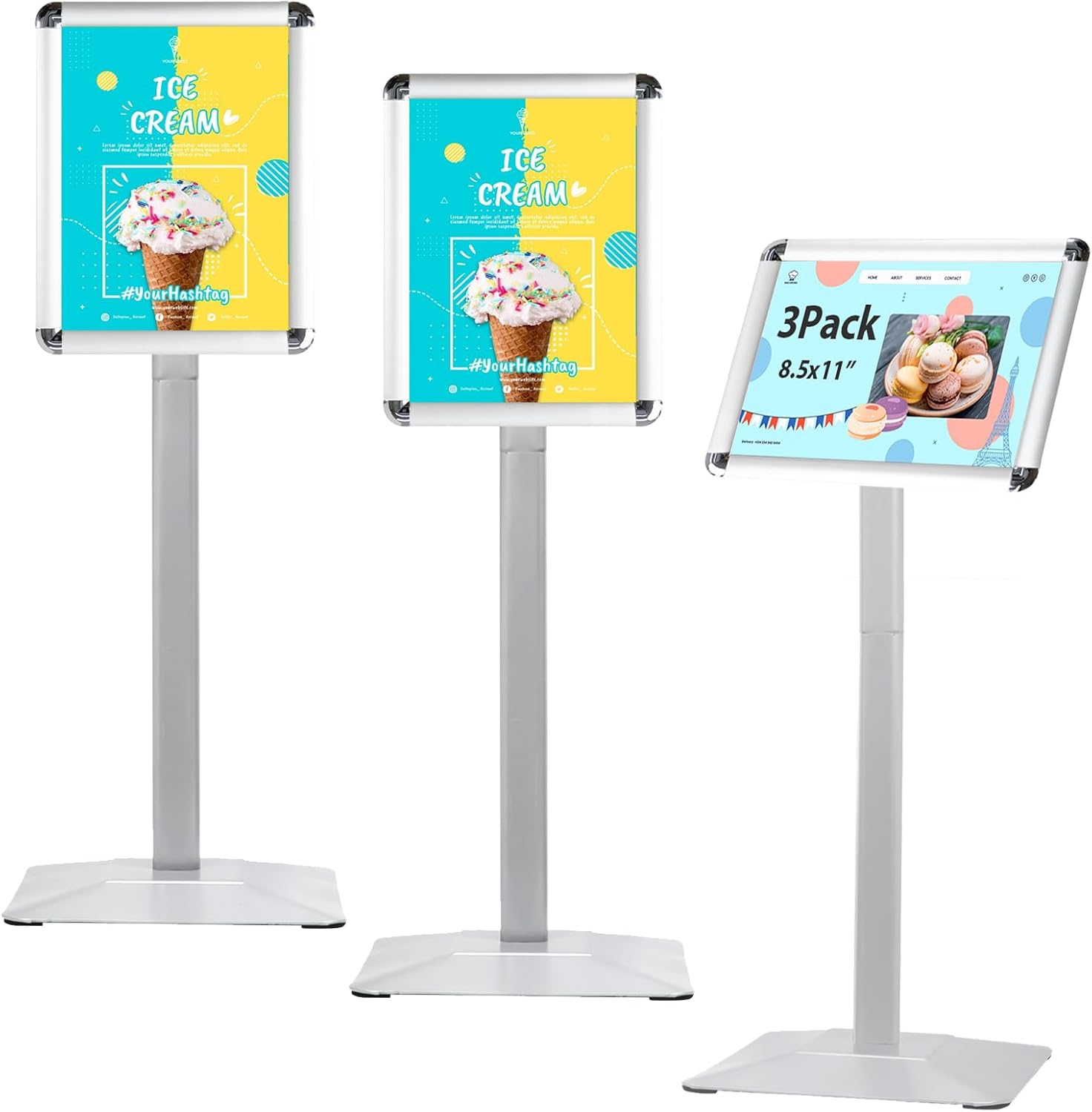 Heavy-duty Sign Stand Holder Floor Stand Sign, 8.5x11 in Poster Display Stand Aluminum Standing Signs with PVC Sheet & Heavy Duty pedestal, Silver (3 Packs) Square-Silver-8.5X11in-3P