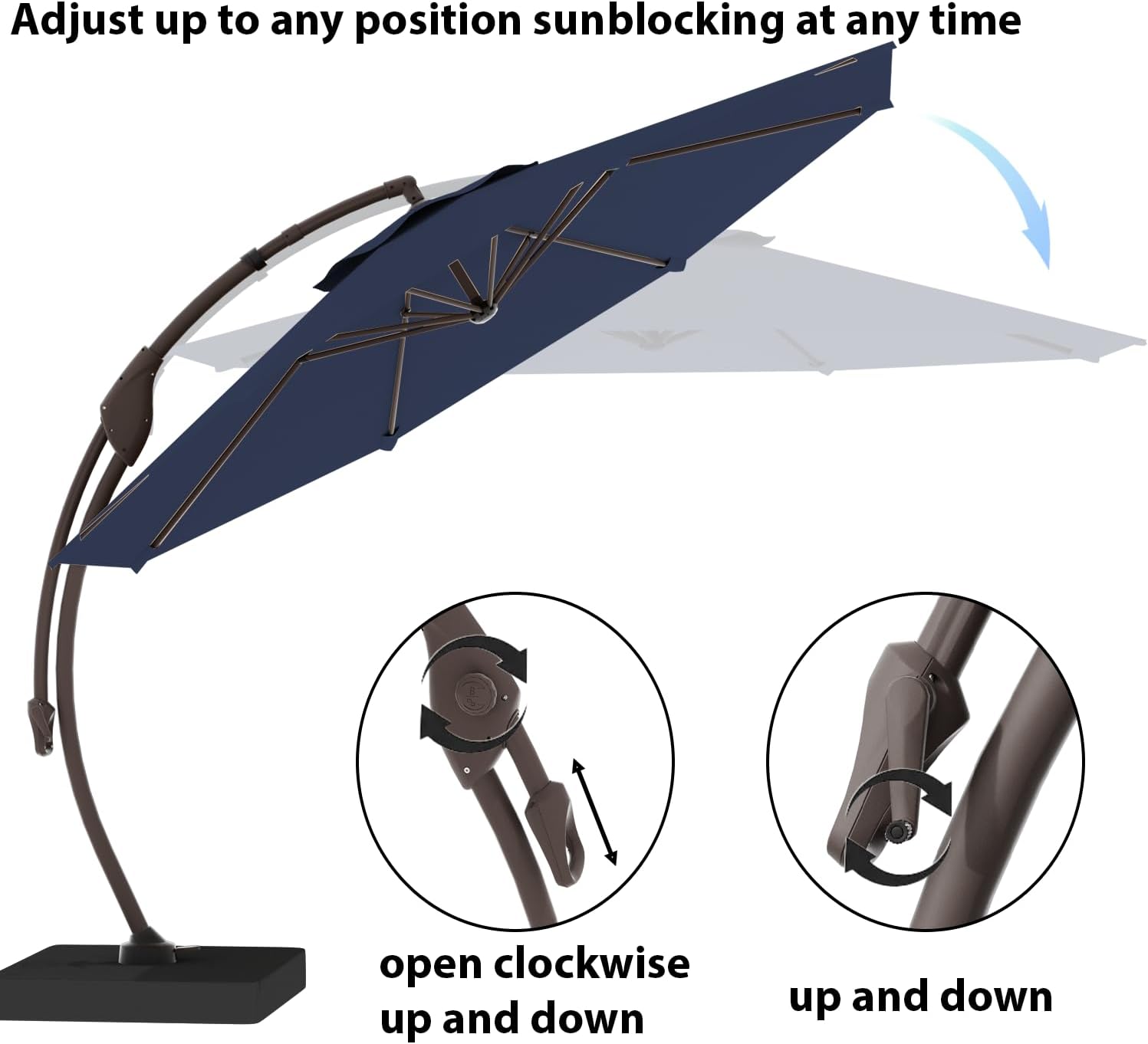 Cantilever Umbrella with Heavy-Duty Base, Outdoor Large Round Aluminum Offset Umbrella for Patio Garden Backyard, UV-Resistant Waterproof Canopy, 360° Rotation & Tilt Adjustment