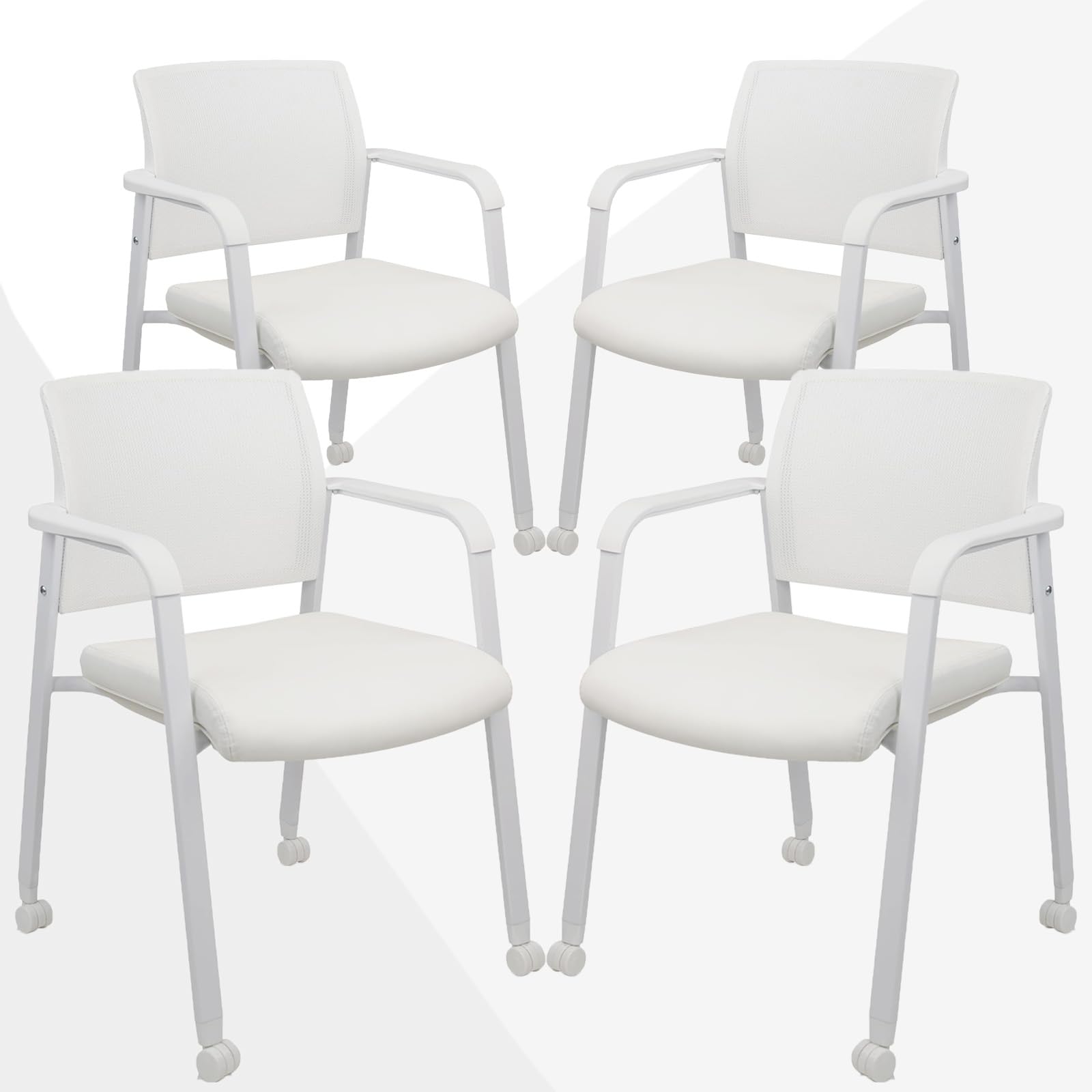 CLATINA Rolling Conference Chairs, 4 Pack Stackable with Wheels and Paddle, Ergonomic Mesh Back and Arms for Meeting, Conference, Training Room &amp; Home Office (White)