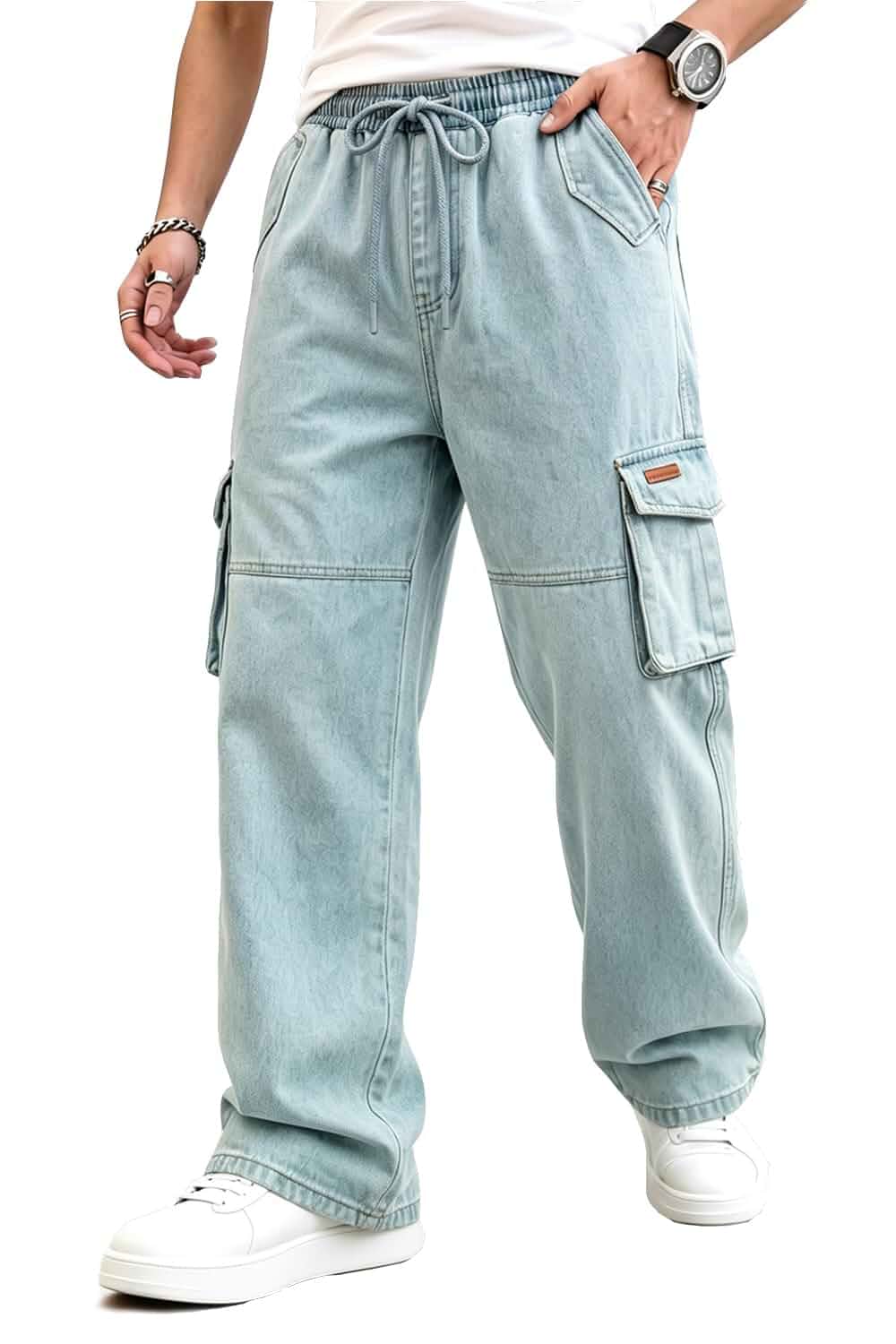 Heyfanee Mens Baggy Cargo Jeans Elastic Waist with Drawstring Denim Pants Street, Y2K loose fit wide leg, Soft comfy hides leg flaws, Great for daily hangs, Chill trendy retro style easy.