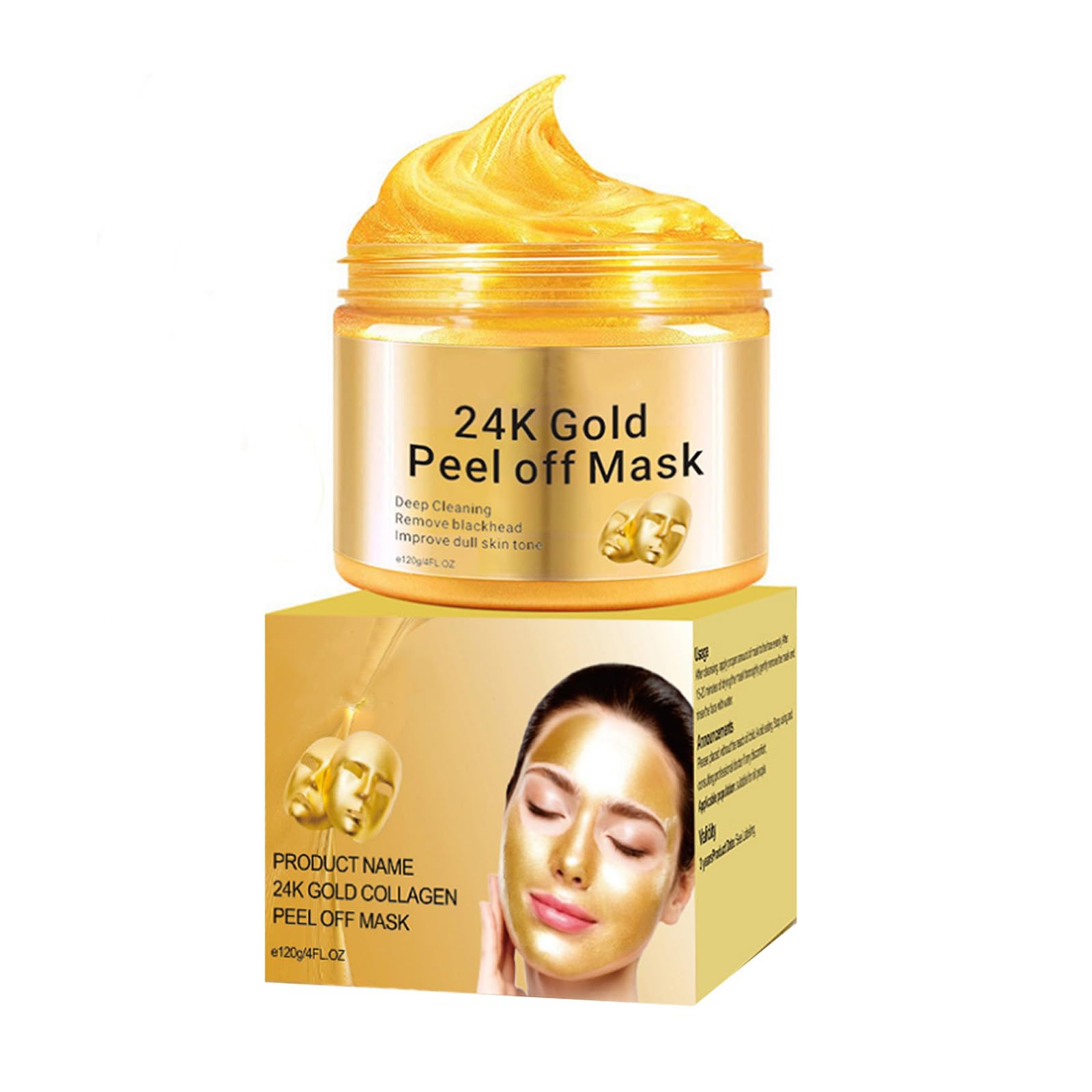 24K Gold Peel Off Mask,Anti-Aging Firming Peel Off Face Mask,With Hyaluronic Acid and Collagen,Deep Cleansing,Moisturizing Removes Blackheads,Reduces Fine Lines& Wrinkles Great for All Skin 120g