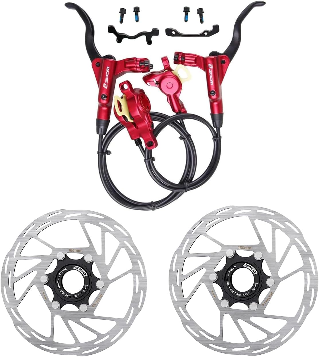 BUCKLOS MTB Hydraulic Disc Brakes Set, Mountain Bike Left Front 800mm Right Rear 1450mm Red Brake,with IIIPRO160mm Centerlock Disc Brake Rotor…