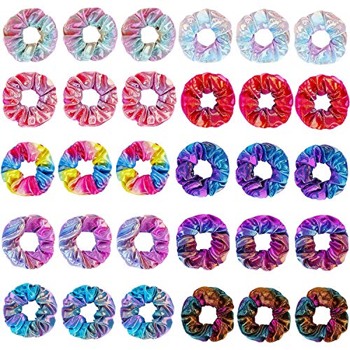 ALinmo 30 Pieces Shiny Metallic Scrunchies Hair Scrunchies Elastic Hair Bands Scrunchy Hair Ties Ropes Hair Accessories for Women or Girls