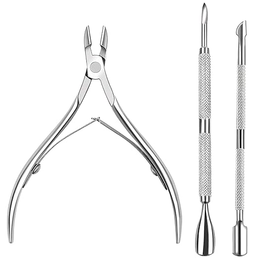 Pinza de Cutículas 3 Piezas Kit,incluir Pinza Cortadora para Cutícula,Empujador de cutículas y Levantador de Cutícula,Material de acero inoxidable,para la piel Muerta y la Cutícula,Plata