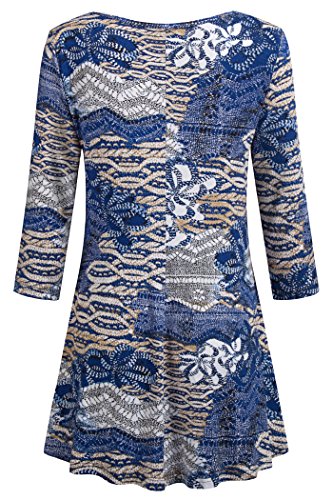 Nandashe 3 4 Sleeve Tunics, Women Elegant O Neck Elbow Patch Maxi Dress Shirt To Match With Jeans Shorts Leggings Sky Printed Swing Hipster Long Blouse Clubwear Blue Beige Medium #TOP1