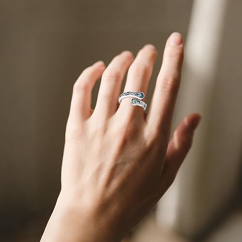 Vista 5 de Anillo de plata de ley 925 con cuchara celta de ágata musgo, turquesa, piedra lunar, piedra lunar, malaquita, ajustable, regalo de joyería vintage