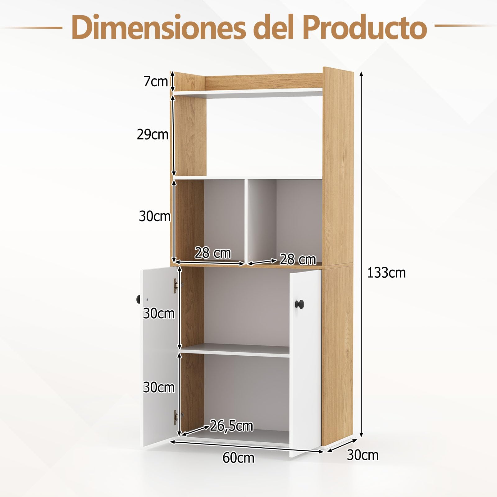 COSTWAY Estantería para Libros, Librería con Gabinete de 2 Puertas, Estantería Alto de 3 Niveles, Almacén Cocina para Sala de Estar, Dormitorio, Estudio, Cocina, 60 x 30 x 133 cm (Blanco y Natural)