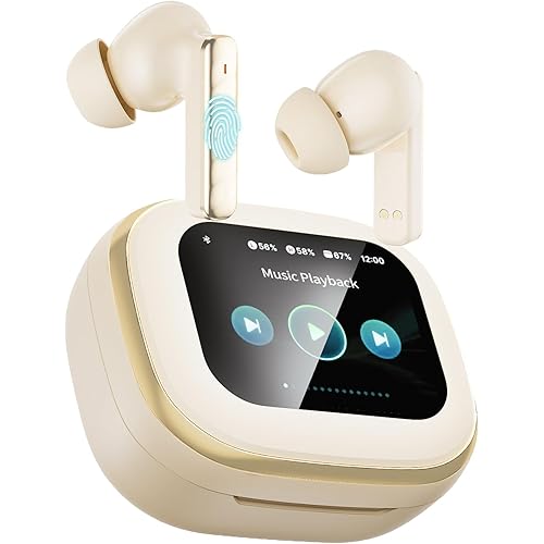 Wireless Earbuds, Bluetooth 5.4 Headphones, True ANC Active Noise Cancelling in Ear Buds with Smart Touchscreen Case, 60H Playtime for Sports & Working, Bass Stereo Sound for iPhone/Android-Beige