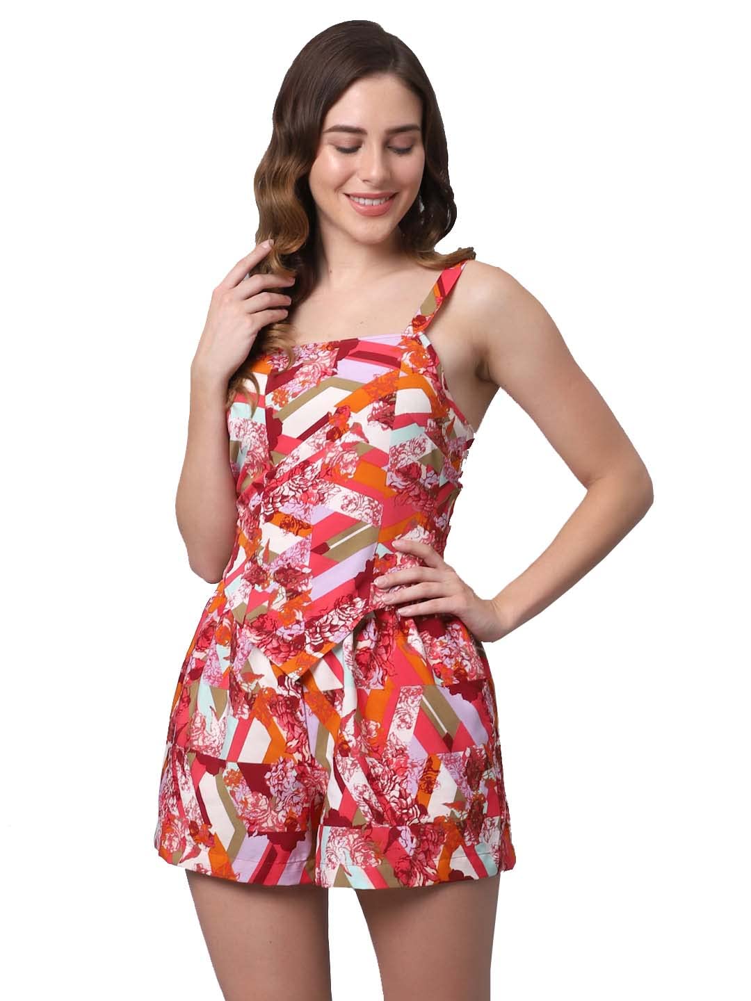 EROTISSCH Women Viscose Floral Tie Knot Back Top & Shorts Beachwear Set