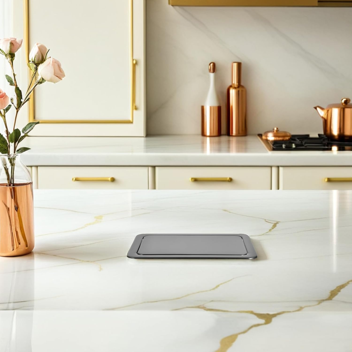 Tofficu Stainless Steel Recessed Trash Bin Lid with Swing Cover Kitchen Garbage Can Lid for Built-in Countertop Waste Basket for Home and Bathroom Use