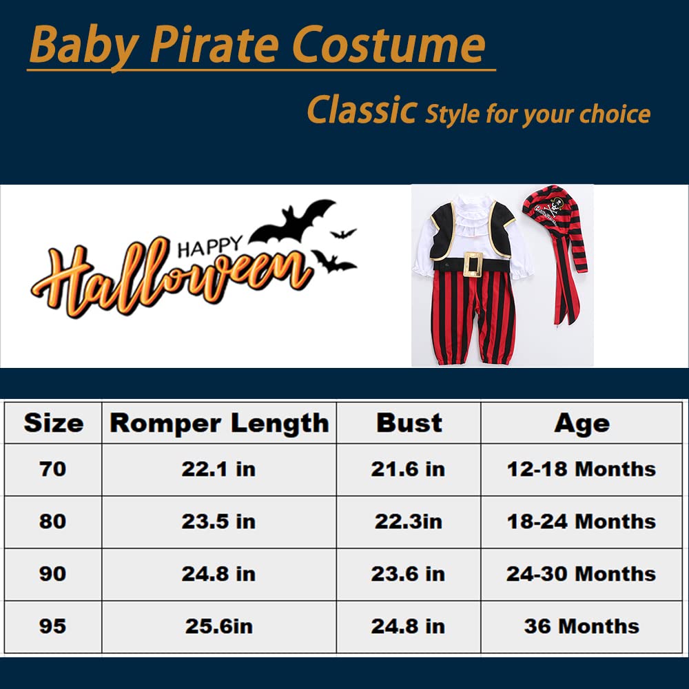 Costume de pirate pour bébé garçon - Costume d'Halloween - 4 pièces - Barboteuse, ceinture, gilet et chapeau - 12-36 mois