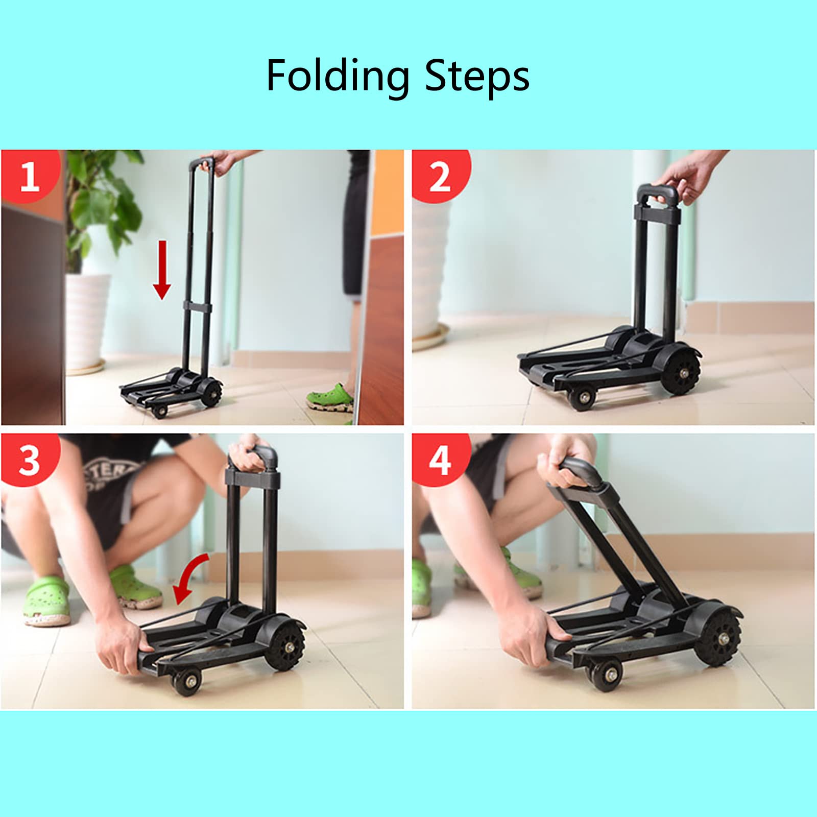 MAYQMAY Folding 4-Wheels Trolley Hand Truck Dolly 100 lbs / 45 KG Compact Luggage Cart for Travel, Moving and Office Use, Black