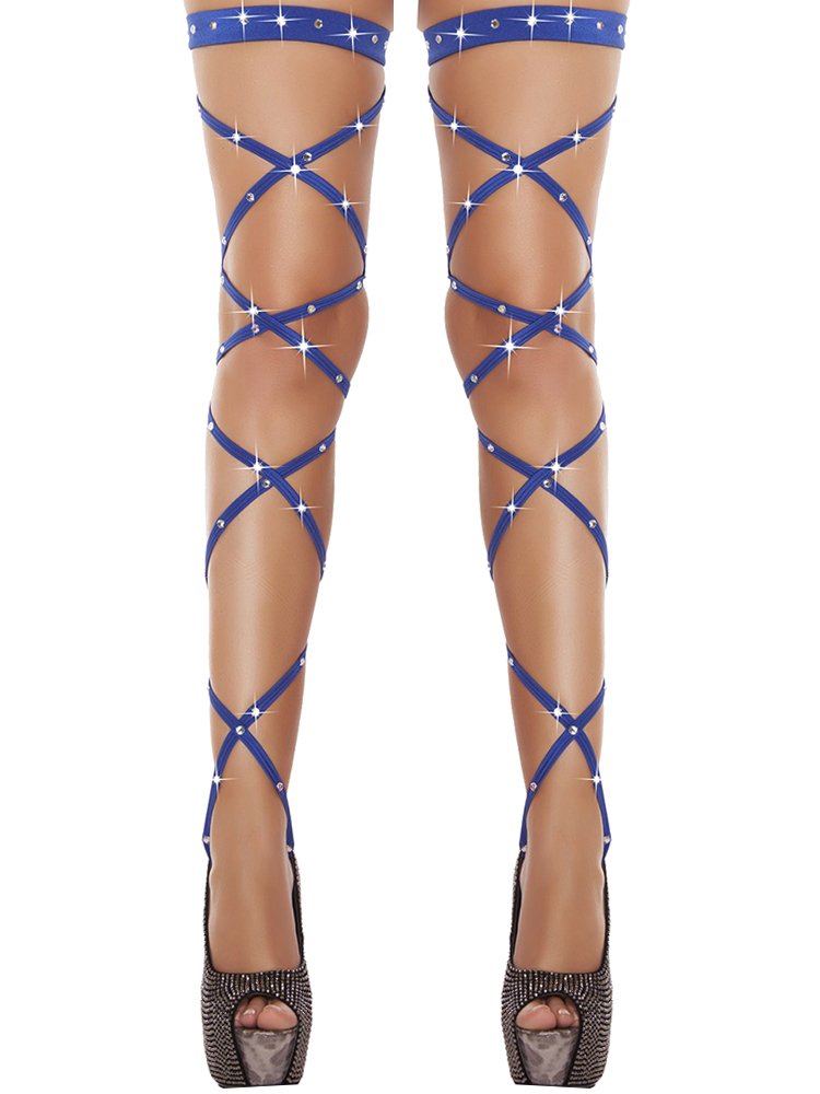 Women Criss Cross Glitter Thigh High Stockings Rhinestone Hollow Out Over Knee Strap Socks Club Tights (Blue, ONE SIZE)