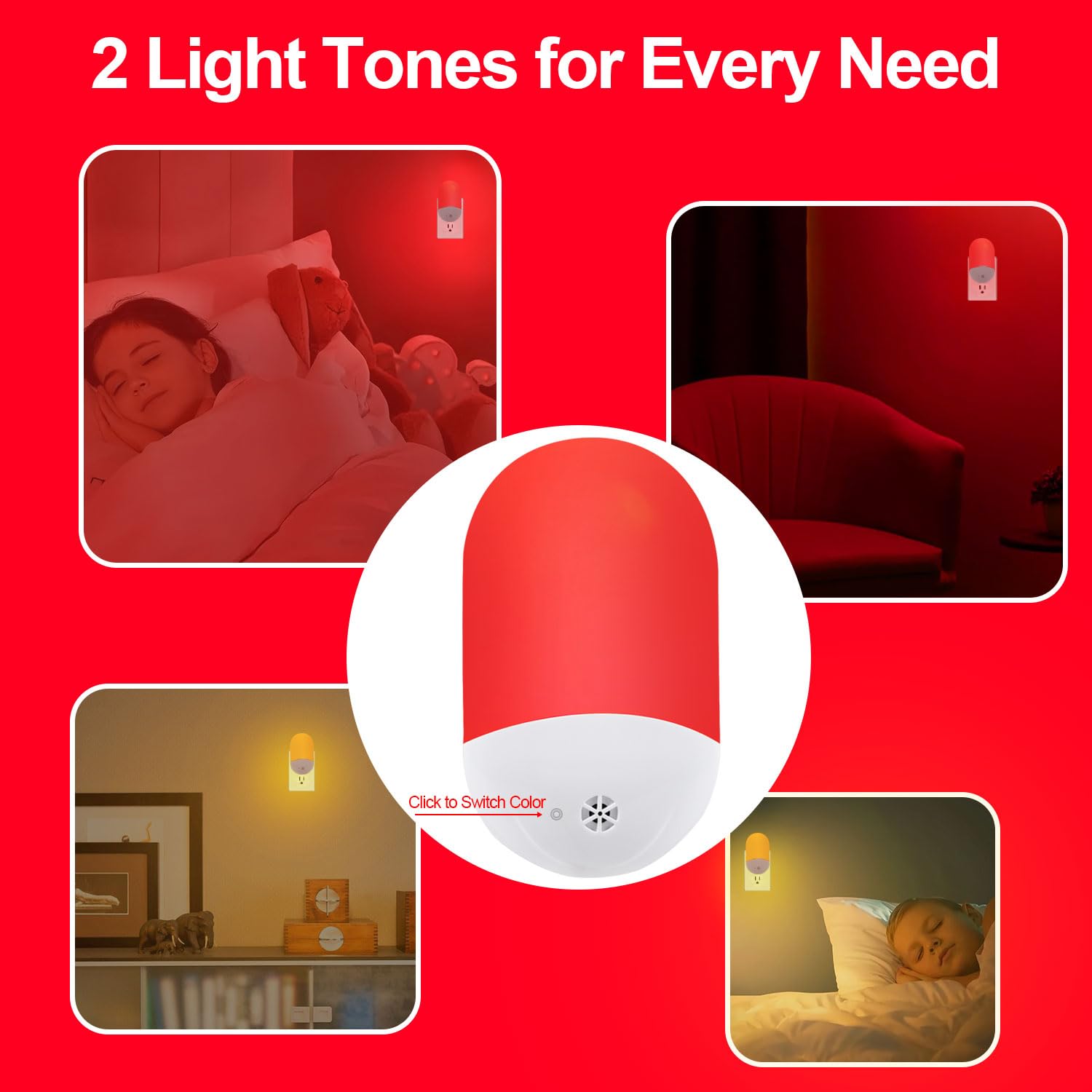 Luz nocturna roja para terapia del sueño [paquete de 2] - Luz nocturna LED de encendido/apagado automático se conecta a la pared para bebé, baño, promoción de melatonina con