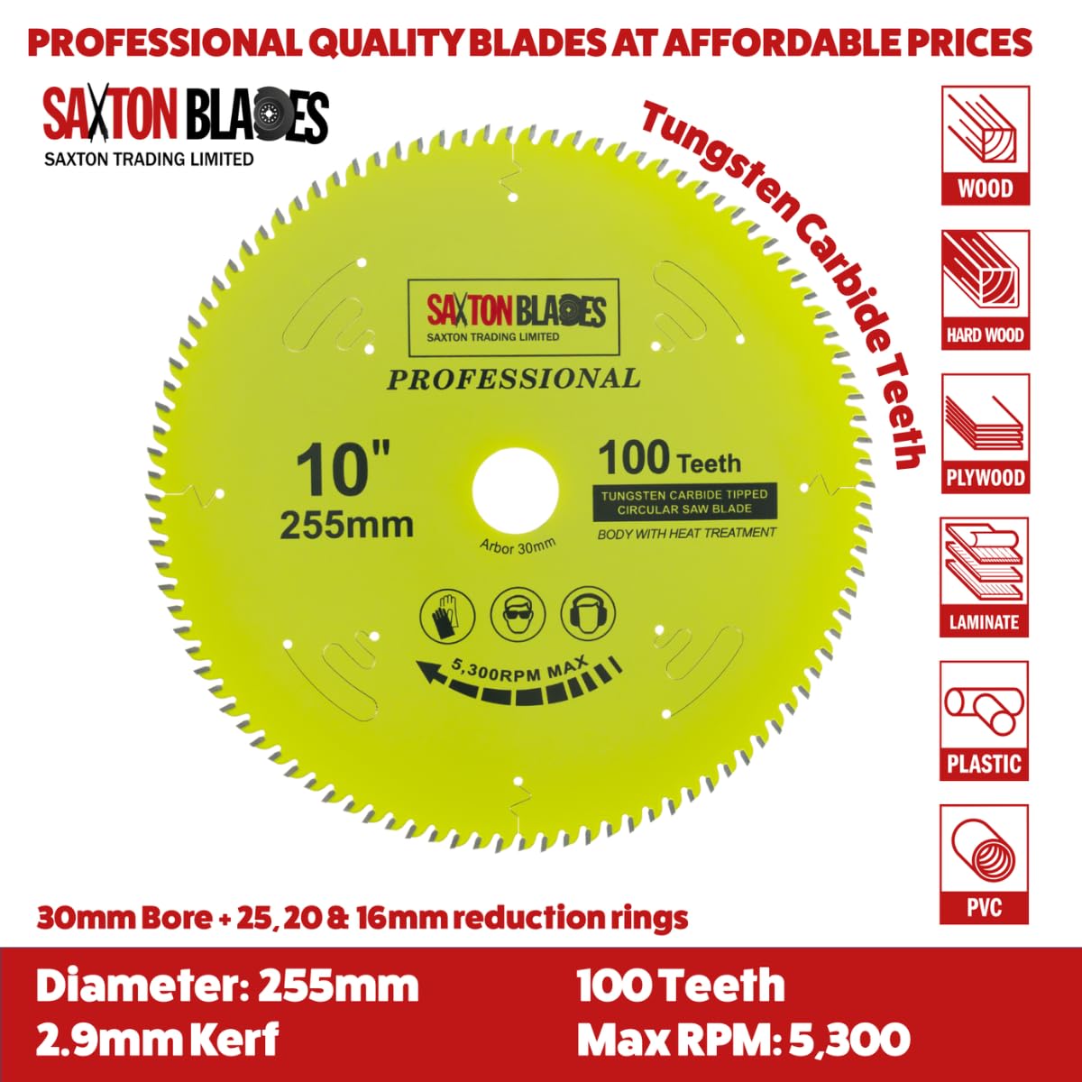 TCT255MXAPRO Saxton Professional Range TCT - Hoja de sierra circular (255 mm, 60 y 100 dientes x 30 mm, 25, 25.4 mm) compatible con los anillos de reducción Evolution Bosch Makita Dewalt etc.