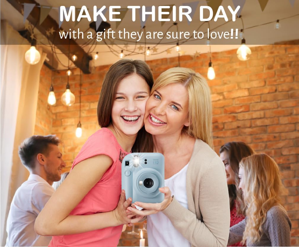 Fujifilm Instax Mini 12 Instant Film Camera Pastel Blue, Fujifilm Instax Mini Twin Pack Instant Film 20 Prints, Protective Case, Gift Bundle