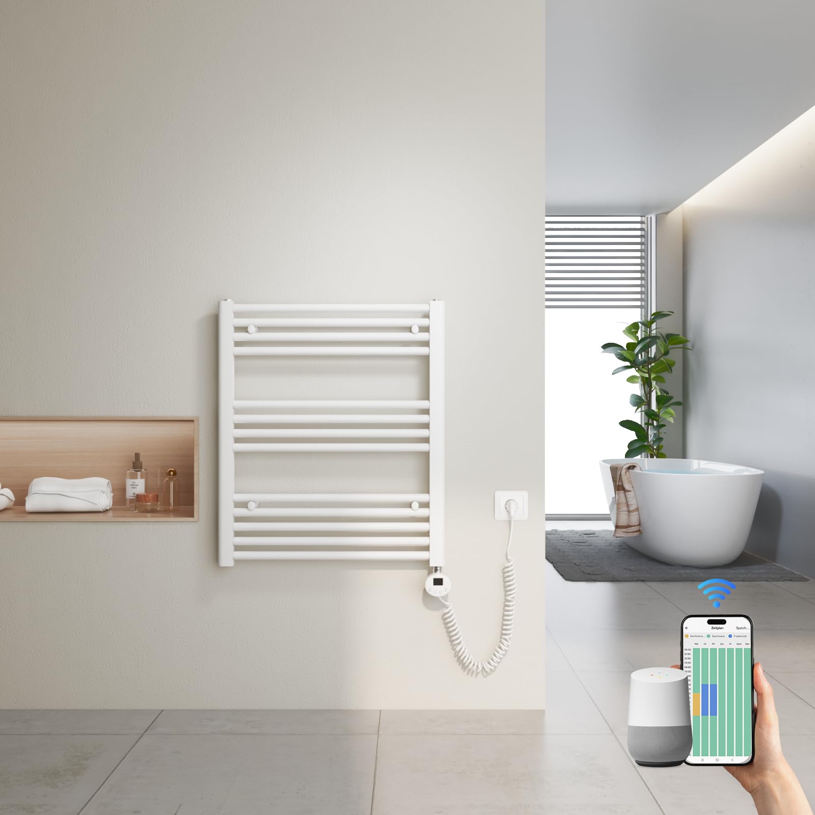 Heilmetz Sèche-Serviettes Électrique Intelligent 70x60cm avec WiFi, Thermostat Connecté et App, Radiateur Salle de Bain Blanc 300W, Contrôle par Tuya/Assistants Vocaux, 4 Modes
