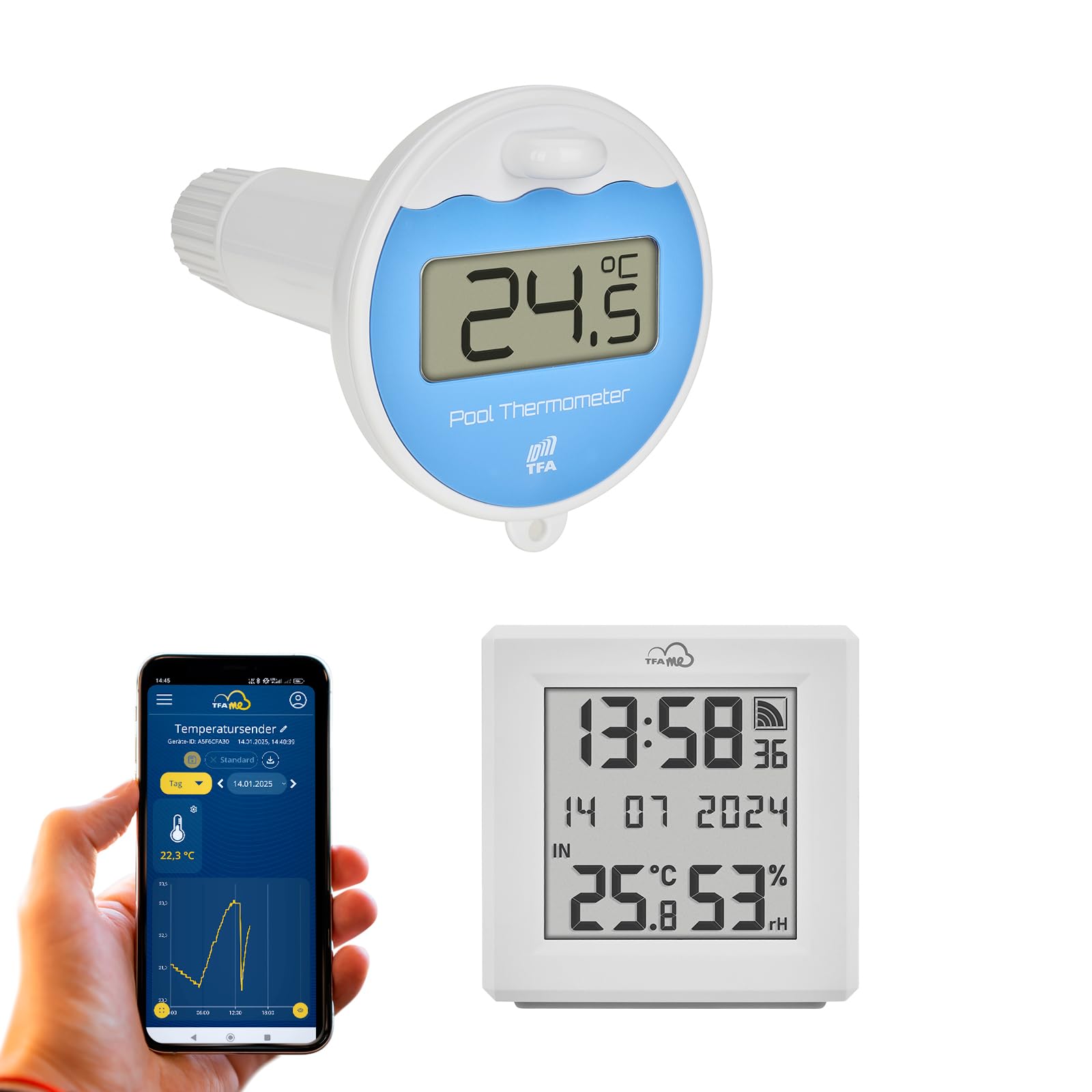 TFA Dostmann Kit de démarrage Thermomètre numérique piscine et passerelle, 35.8110, compatible avec TFA.me, pour la surveillance en ligne de piscines, étangs, bains glacés, température de l'eau, blanc
