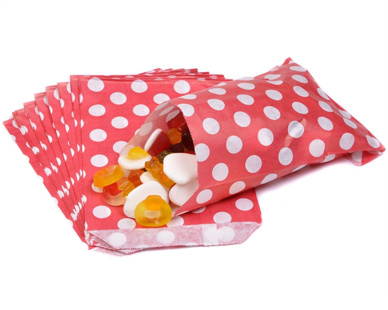 Bag It Plastics Polka Dot Paper Sweet Bags | Red | 5" x 7" / 125x175mm | Pack of 200 | Multipurpose Use for Sweets, Popcorn, Wedding Favours, Pick and Mix & Cookies! — image 1