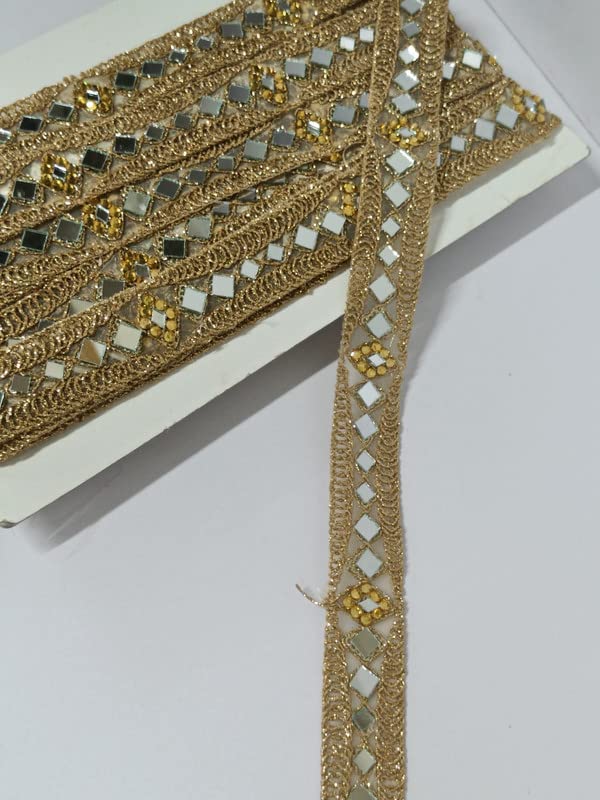 1 Inch Zari and Mirror Laces Border for Women's Dresses, Dupatta, Bridal Dresses, Saree, Lehengas, Palazzo, Anarkali Suits, Blouses, Craft and Home Decor 9 Meter (Gold)