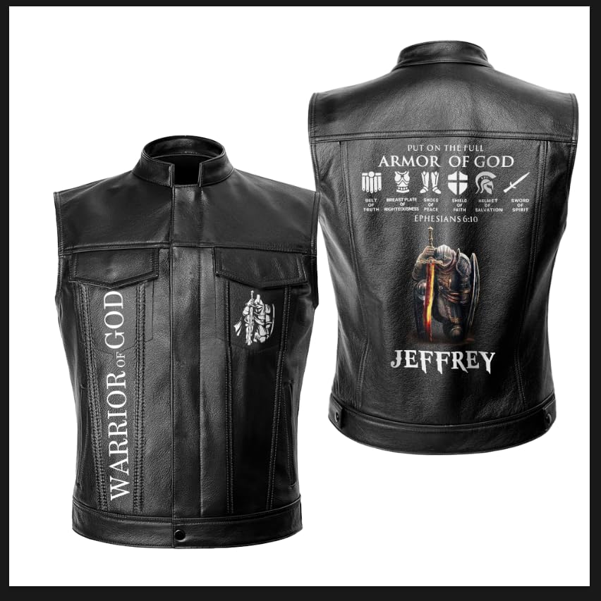 LeatherJacket For Men, Biker Gift Personalized Men PU Leather Vest Put On The Full Armor Of God Ephesians 6:10, Coat Jackets Motorcycle Customs Gift3