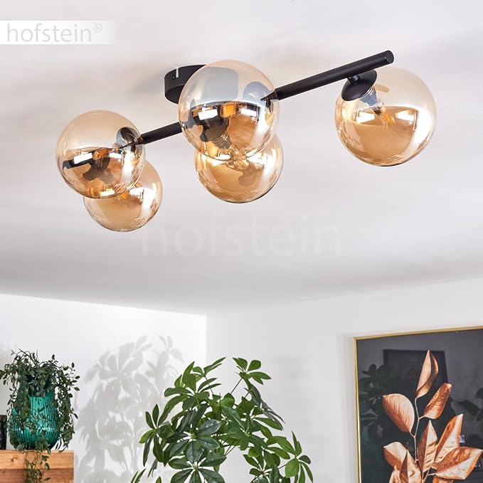 hofstein HOFSTEIN Plafondlamp Chehalis, plafondlamp van metaal/glas in zwart/barnsteenkleuren, lamp in retro/vintage design met glazen kap (Ø 12 cm), 5 x G9 LED, zonder lamp photo 3